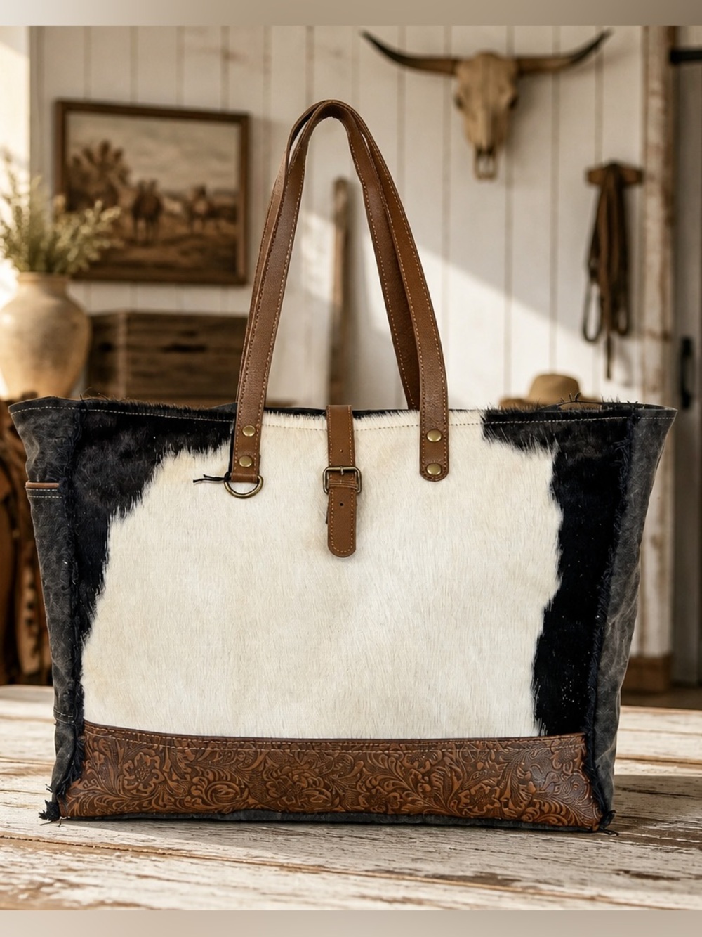 New Myra Western Cowhide Weekender Bag Leather Duffel Travel Carry-On Boho